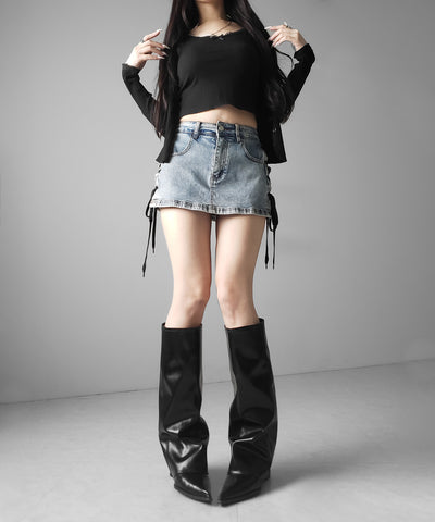 【 インパン裏地付き 】レースアップマイクロデニムミニスカパン ／ Lace-up micro denim mini skirt pants