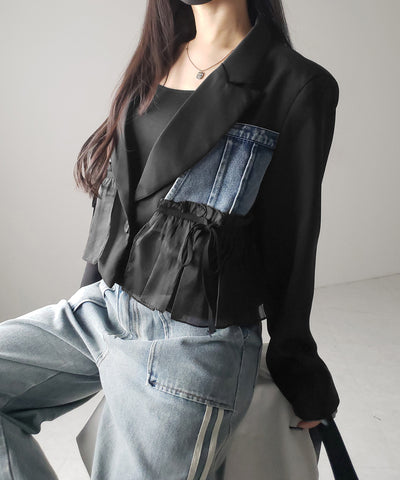 デニムフリルドッキングショートテーラードジャケット ／denim frill docking short tailored jacket