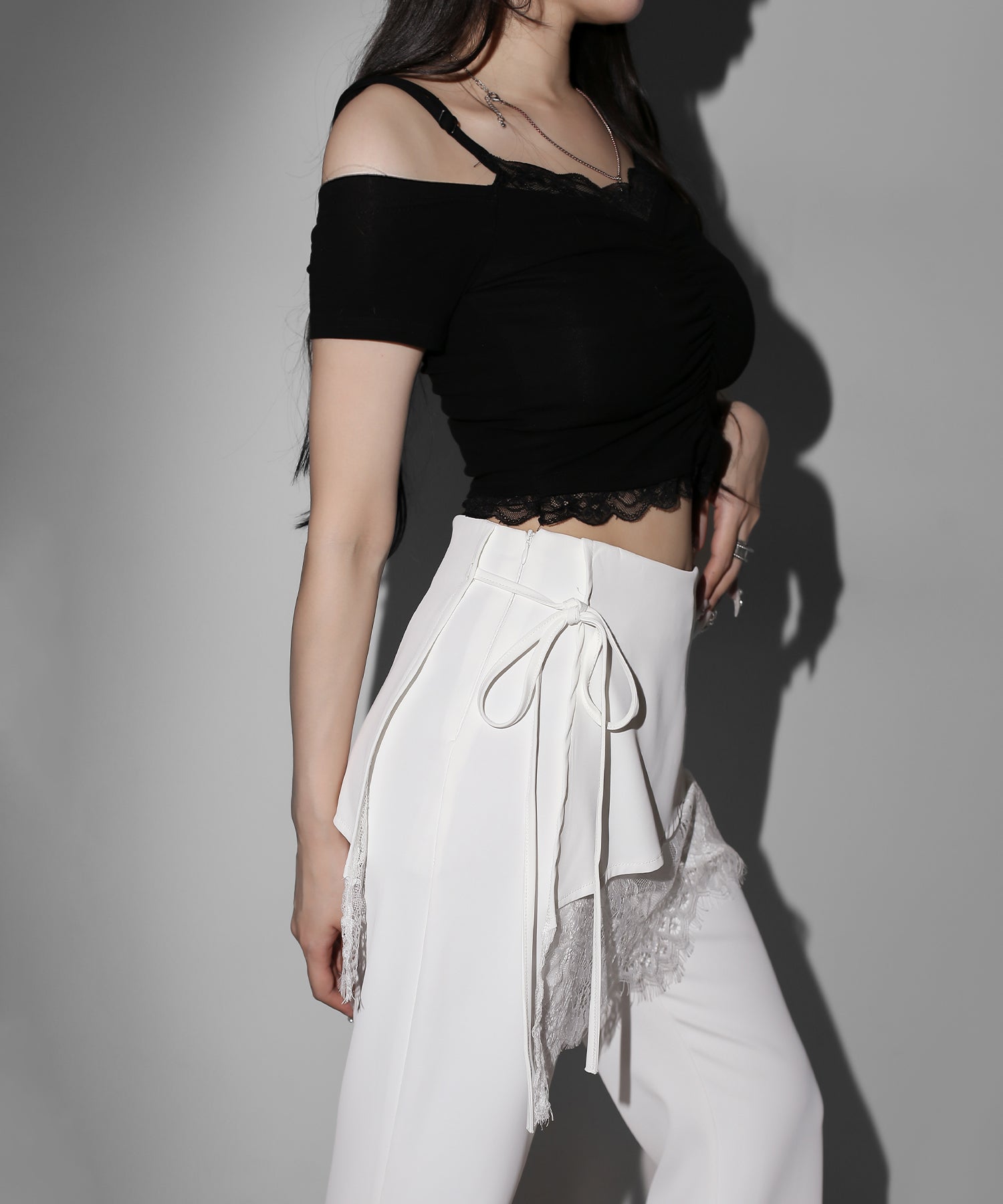 【３size 】レースレイヤードサイドリボンラップフレアスラックス ／ lace layered side ribbon wrap flare slacks