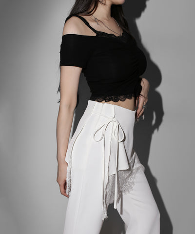 【３size 】レースレイヤードサイドリボンラップフレアスラックス ／ lace layered side ribbon wrap flare slacks
