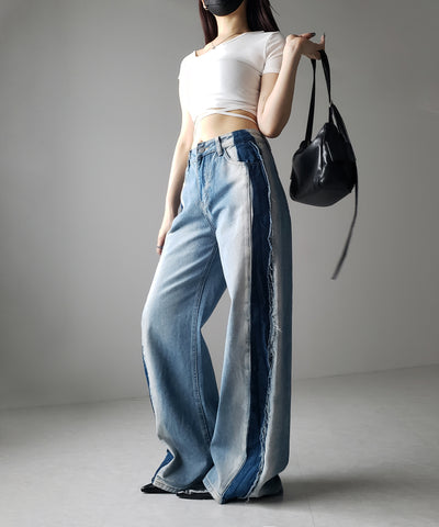 【 選べる３サイズ 】サイドライングラデーションダメージルーズデニム ／ Side line gradation damage loose denim