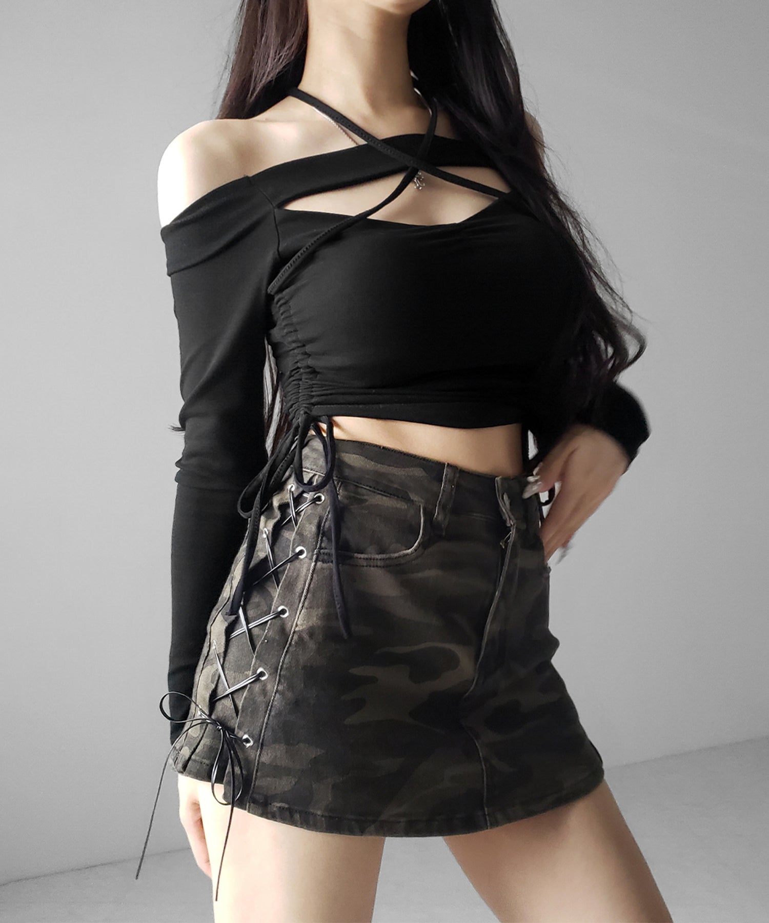 ヴィンテージカモフラレースアップデニムミニスカパン ／ vintage camouflage lace up denim mini skirt pants