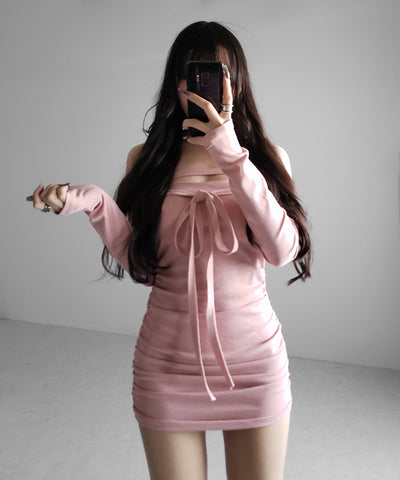 【 クロスネックにもできる３WAY 】フロントリボンオフショルワンホンタイトミニワンピース ／ front ribbon off shoulder wanghong mini onpiece