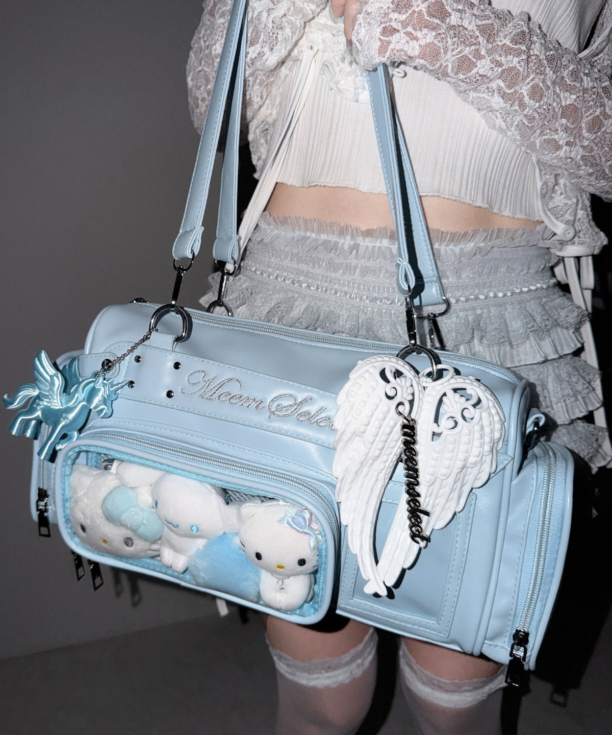 クリアポケット付きレタリング刺繍ショルダーバッグ ／ clear pocket lettering embroidery shoulder bag