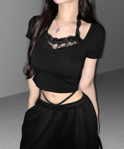 レースレイヤードホルターヘンリーネック半袖Ｔシャツ ／ lace layered halter henley neck short sleeve T-shirt