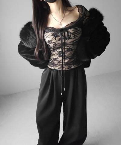 【 裏起毛 】フロントリボンレースレイヤードスクエアネックトップス ／ urakimo front ribbon lace layered square neck