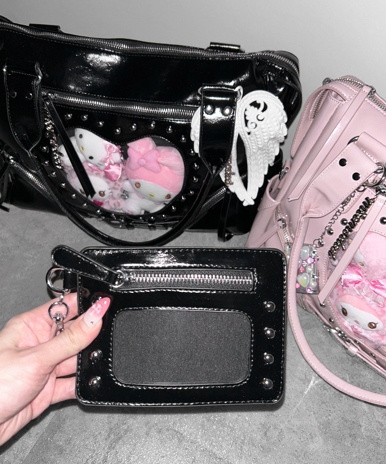 【 限定先行販売 】ハートクリアポケットスタッズフェイクレザートートバッグ ／ heart clear pocket studs fake leather tote bag