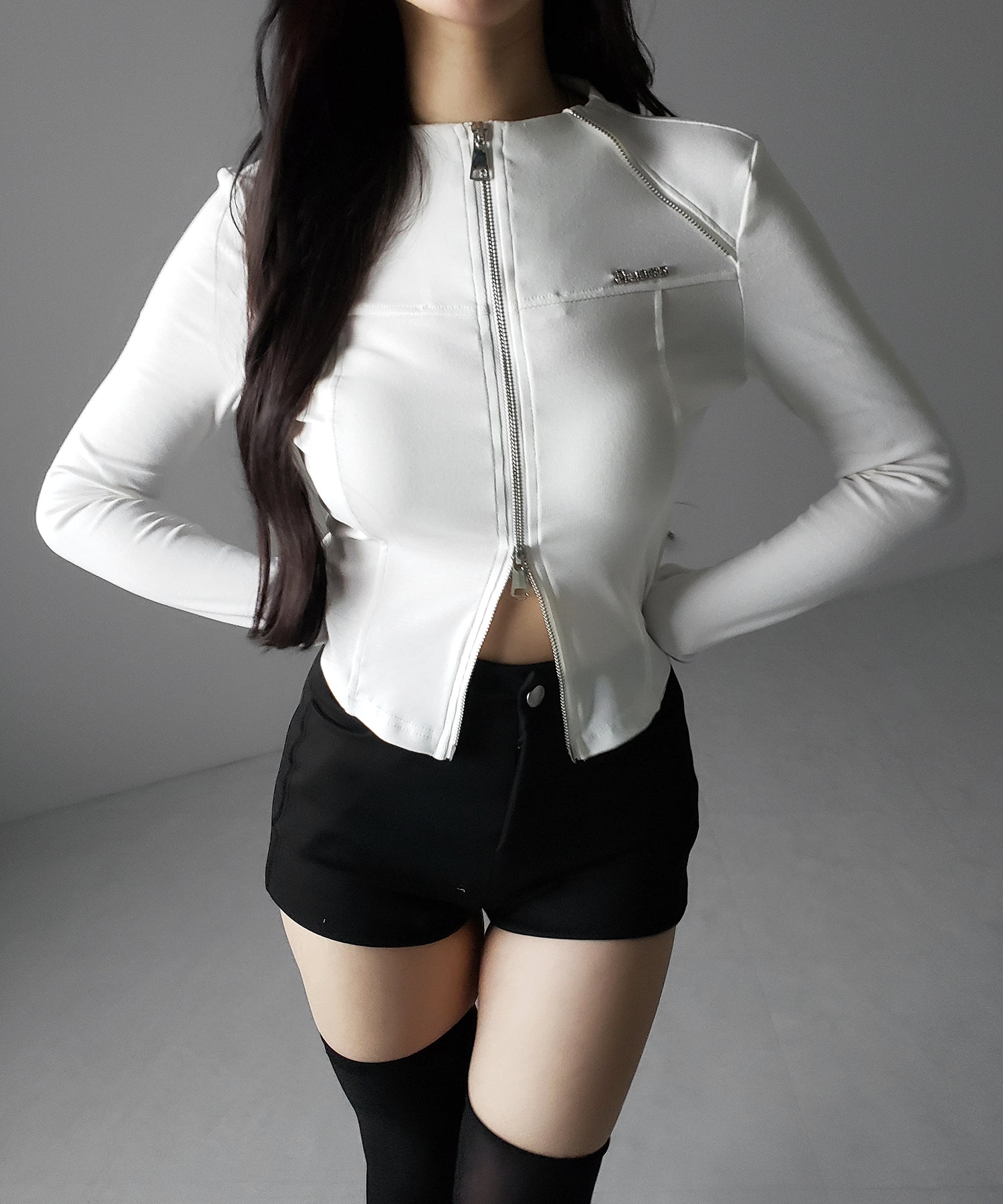 ダブルジップバイカースリムトップス ／ double zip biker slim tops