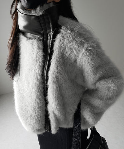 【 ２WAY 】ジップアップレザードッキングフェイクファーコート ／ zip up leather docking fake fur coat