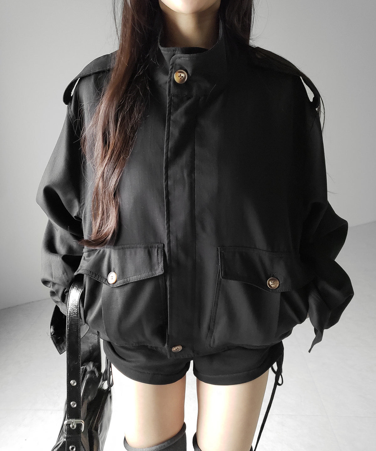 スタンドカラーオーバーショートトレンチコート ／ stand collar over short trench coat