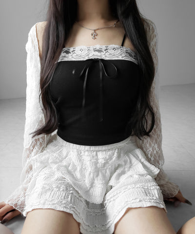 フロントリボンレースショートキャミソール ／ front ribbon lace short camisole