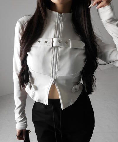 スタンドカラーベルテッドダブルジップスリムトップス ／ stand collar belted double zip slim tops