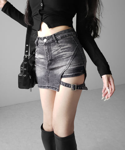 【 インパン裏地付 】カットアウトベルトストラップデニムミニスカパン ／ cutout belt strap denim mini skirt pants