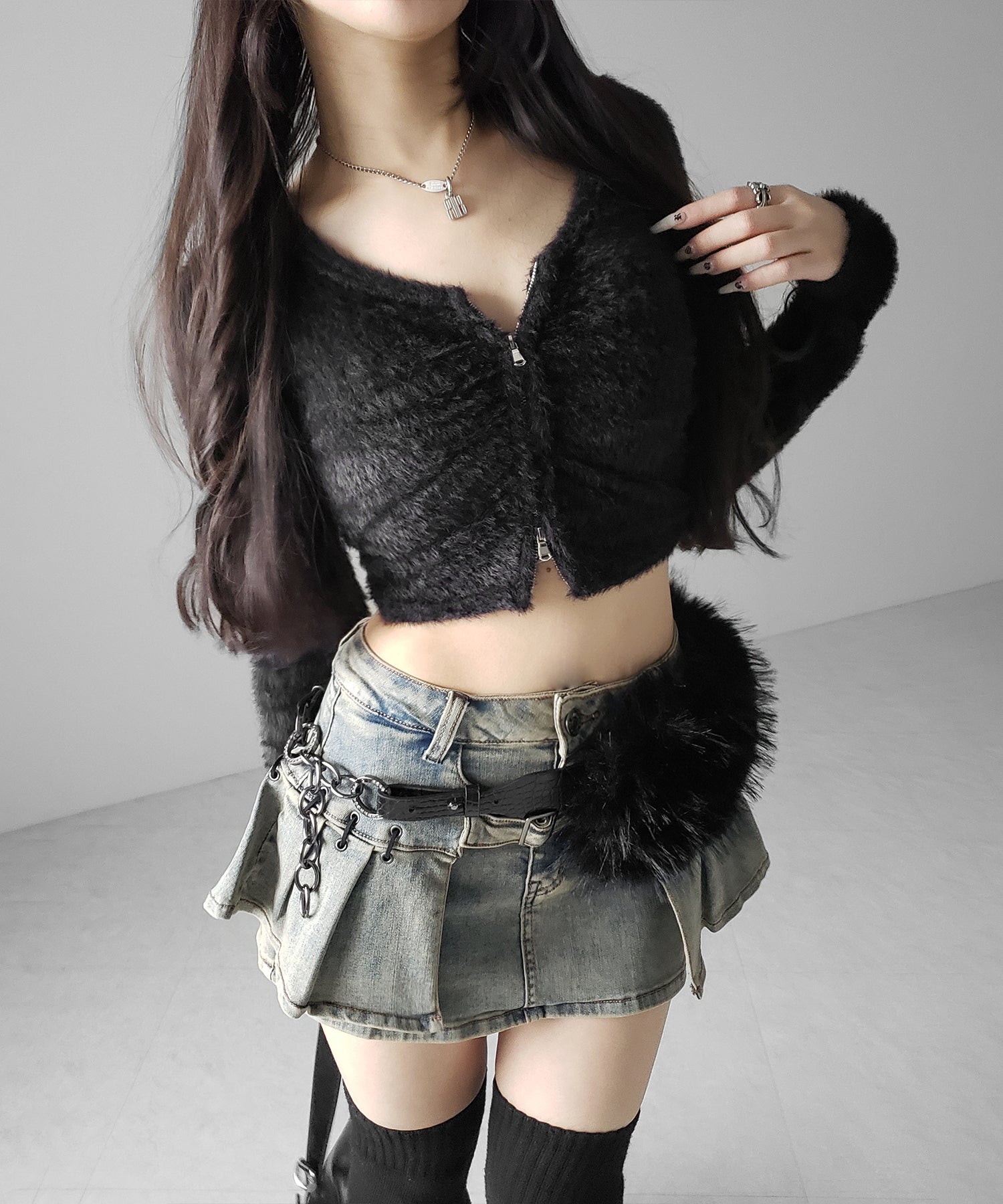 【 インパン裏地付 】ベルテッドマイクロプリーツデニムミニスカパン ／ belted micro pleats denim skirt pants