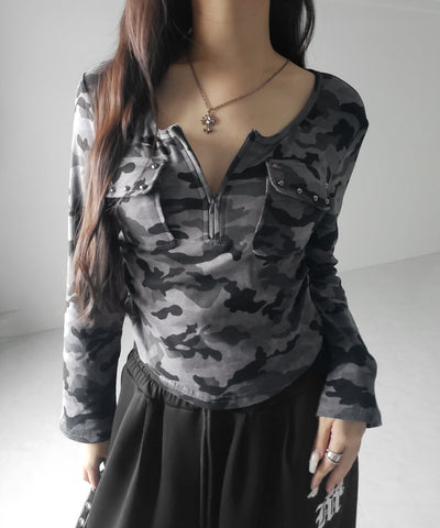 ヴィンテージカモフラアウトポケットジップロンT ／ vintage camouflage out pocket zip longsleeve T-shirt