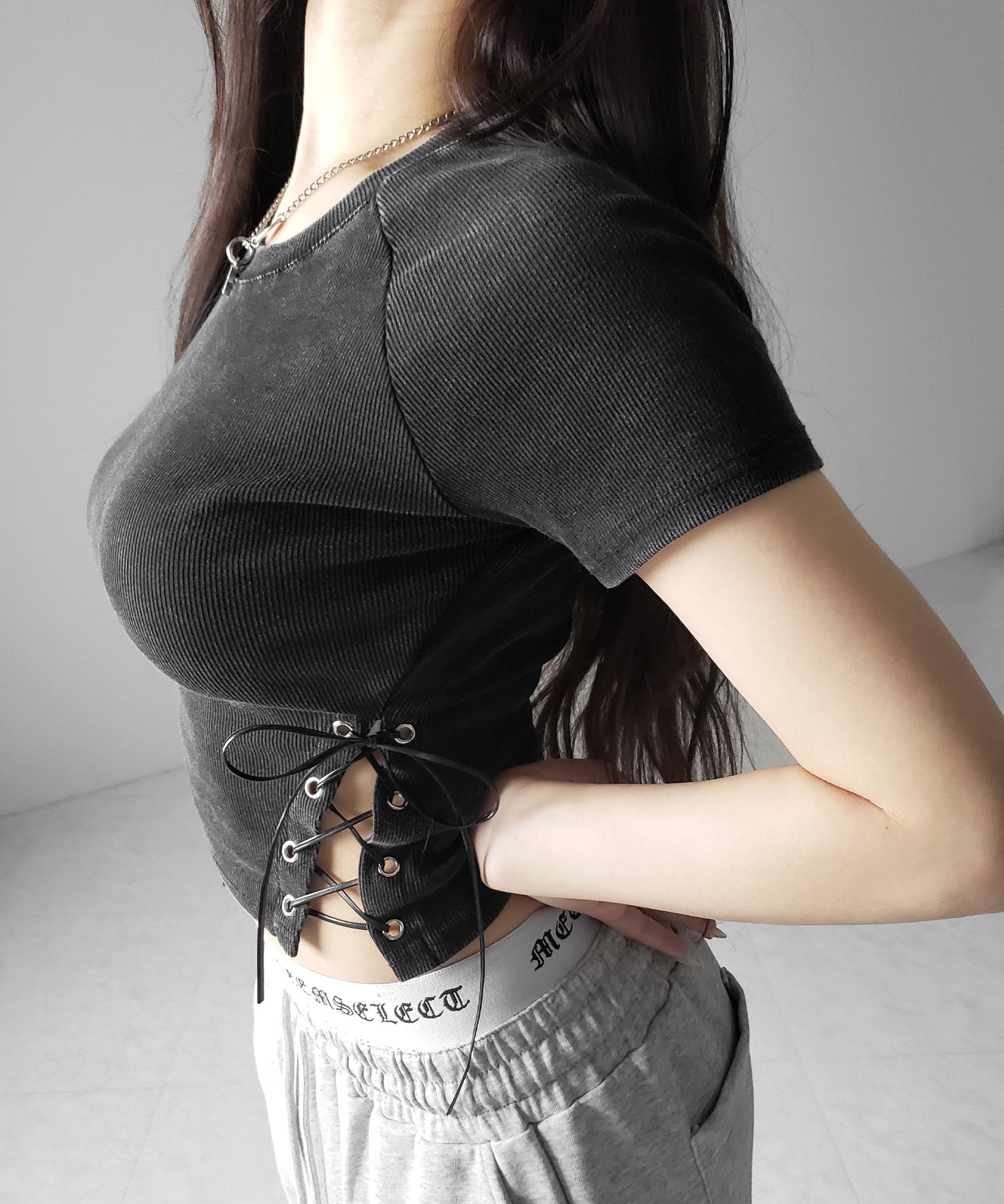 ヴィンテージサイドレースアップカットアウト半袖ショートTシャツ ／ vintage side lace up cutout short short sleeve T-shirts