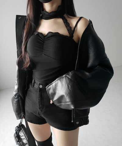 【 ２color ／ カップ付 】レースチョーカーストラップリブキャミソール ／ lace choker strap lib camisole