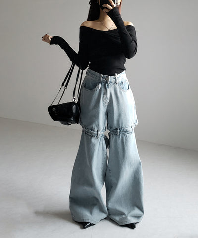 【 選べる３サイズ 】バックオープンカットアウトウォッシュワイドデニム ／ Back open cutout washed wide denim