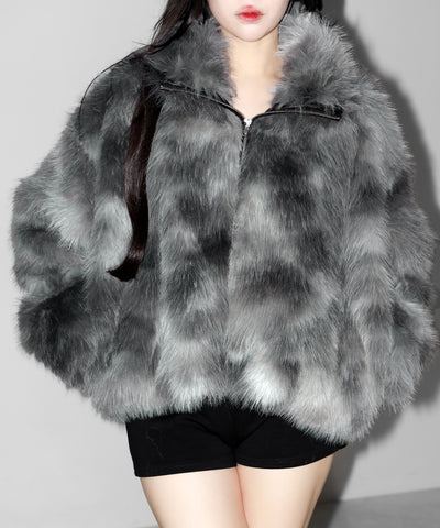 ダブルジップスタンドカラーニュアンスファージャケット ／ double zip stand collar nuance fur jacket
