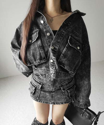 【 デニムセットアップ着用可能 】ヴィンテージケミカルブリーチカーゴデニムミニスカパン ／ vintage chemical bleach cargo denim mini skirt pants