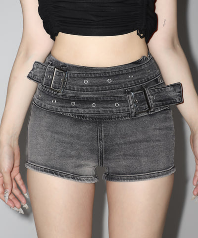 ダブルベルテッドマイクロミニデニムショートパンツ ／ double belted micro mini denim short pants