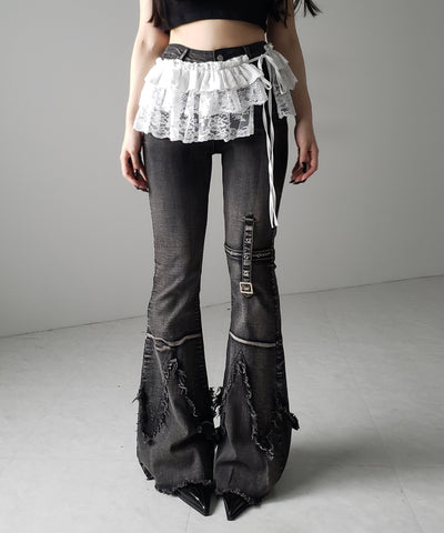 【 ２color 】ストラップリボンレースフリルミニ巻きスカート ／ strap ribbon lace frill mini wrap skirt