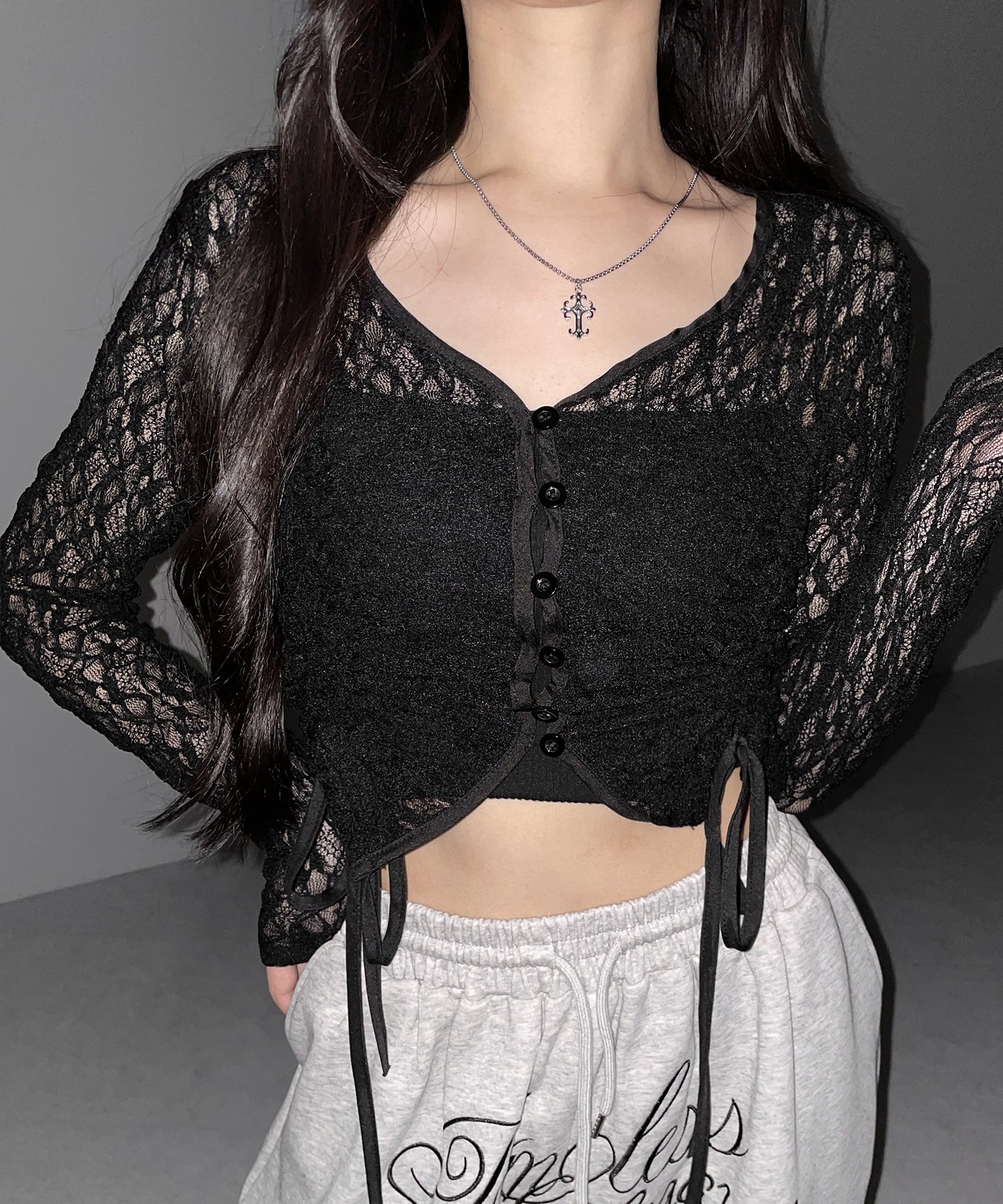 ダブルシャーリングショートレースカーディガン ／ double shirring short lace cardigan