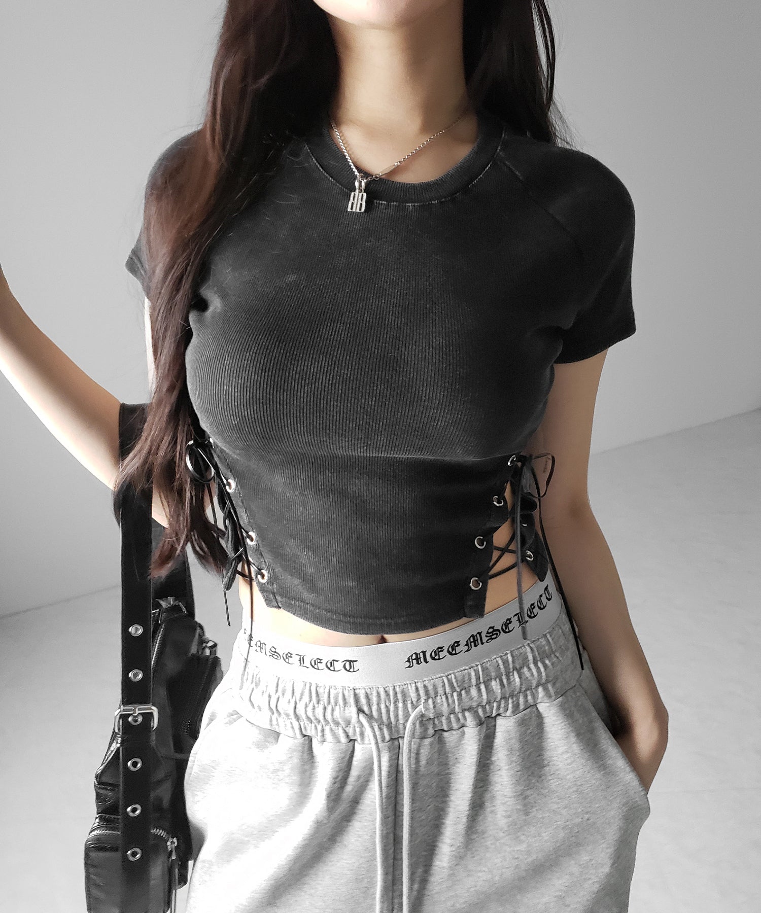 ヴィンテージサイドレースアップカットアウト半袖ショートTシャツ ／ vintage side lace up cutout short short sleeve T-shirts