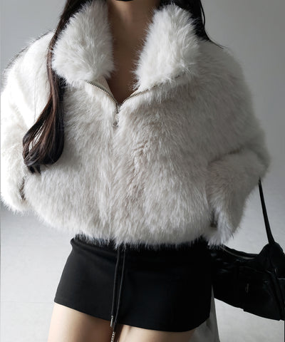 ジップアップスタンドカラーショートフェイクファーコート ／ zip up stand-collar short fake fur coat