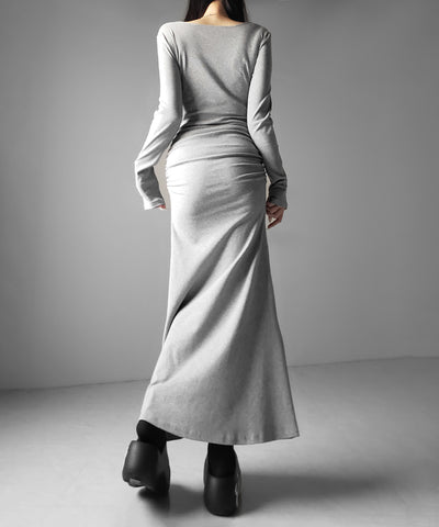 スクエアネックシャーリングマーメイド長袖ロングタイトワンピ ／ Square neck shirring mermaid long-sleeved long tight onepiece