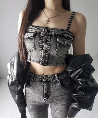 【 セットアップ 】ヴィンテージライクデニムビスチェ ＋ ストレッチフレアデニム SET ／ 【 SET UP 】 vintage like denim bustier + stretch flare denim