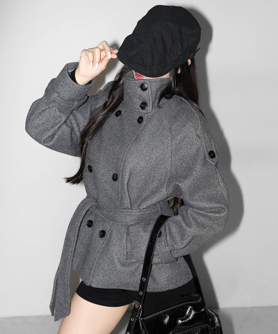 【 ウエストベルト付き 】スタンドネック ダブルブレスト ウールライクメルトンピーコート ／ Stand neck double-breasted wool-like melton pea coat
