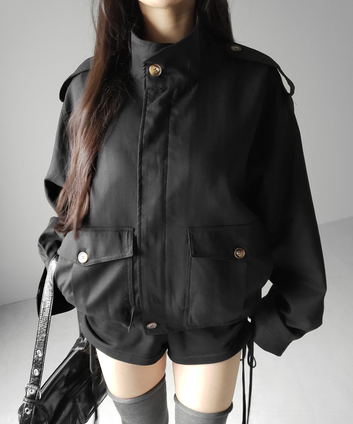 スタンドカラーオーバーショートトレンチコート ／ stand collar over short trench coat