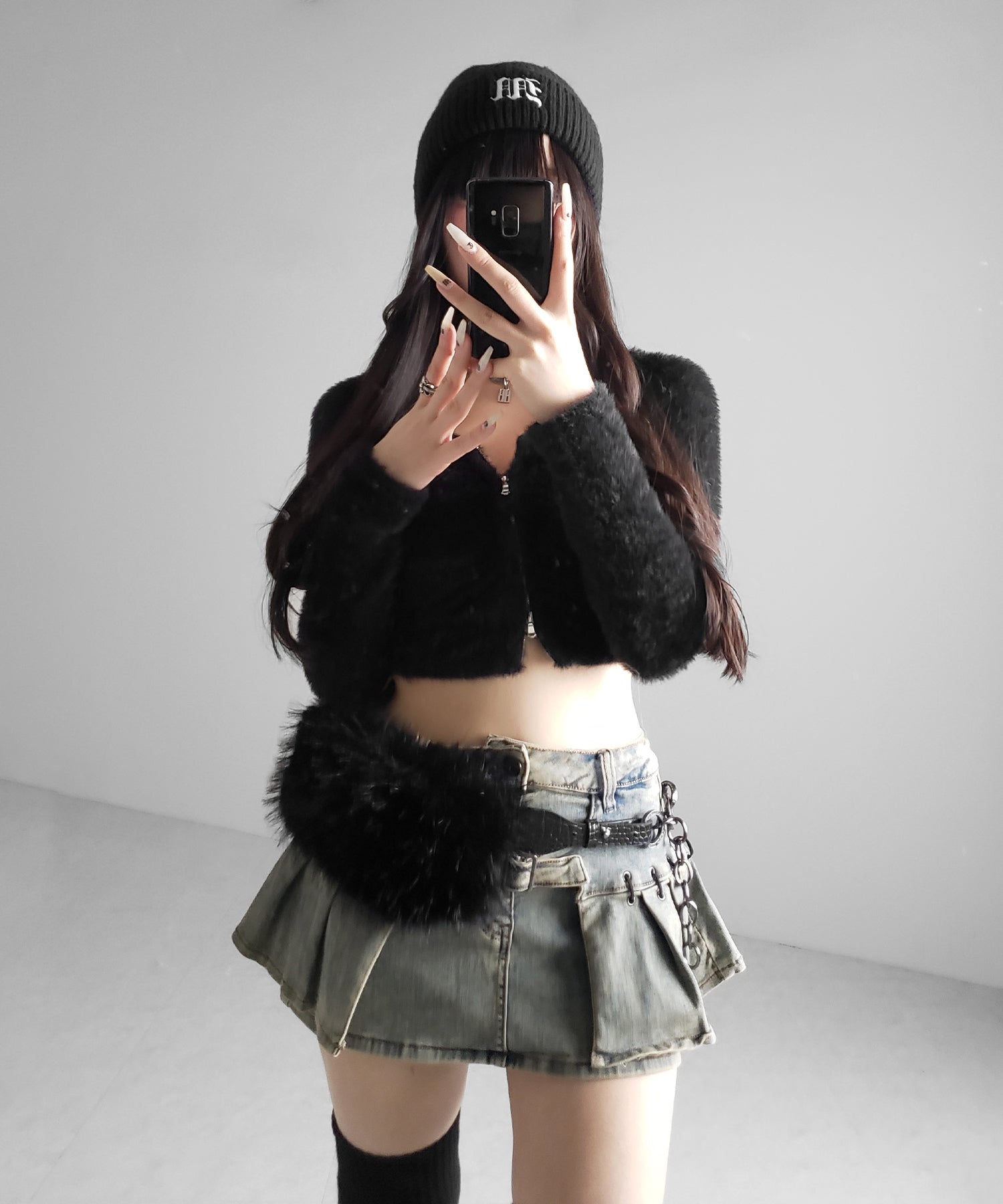 【 インパン裏地付 】ベルテッドマイクロプリーツデニムミニスカパン ／ belted micro pleats denim skirt pants
