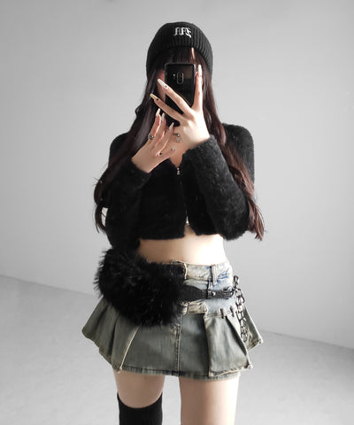 【 インパン裏地付 】ベルテッドマイクロプリーツデニムミニスカパン ／ belted micro pleats denim skirt pants