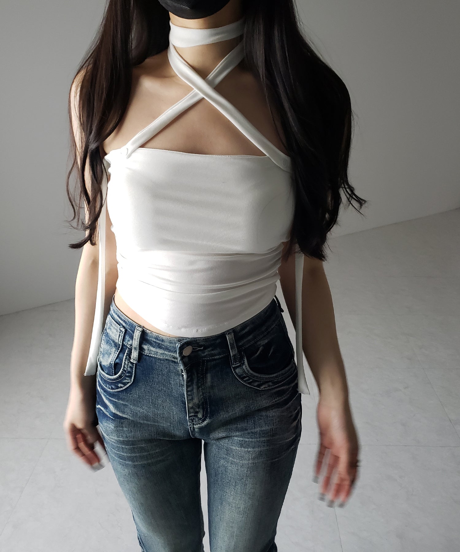 【 ３color ／ カップ付 】ロングチョーカークロスネックキャミソール ／ long choker cross neck camisole