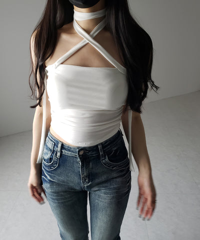 【 ３color ／ カップ付 】ロングチョーカークロスネックキャミソール ／ long choker cross neck camisole