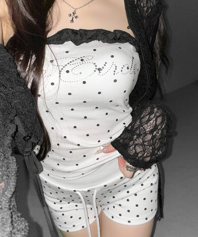 ラインストーンドットフリルベアトップス ／ Rhinestone dot frill bare tops