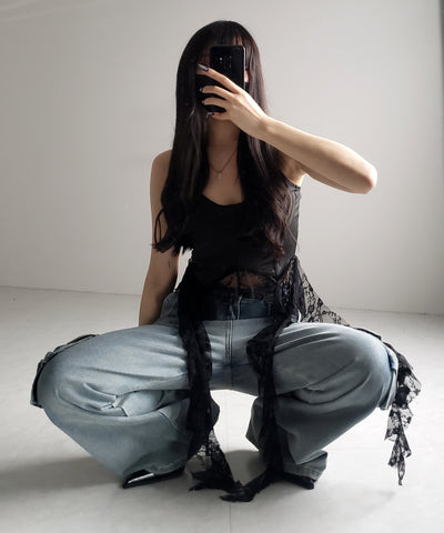【 ２color 】レースフリルレイヤードビスチェキャミソール ／ lace frill layered bustier camisole