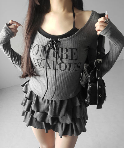 【 クロスネックにできる２WAY 】レースアップフェイクレイヤードロゴカットソートップス ／ laceup fake layered logo cutsew tops