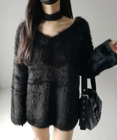 【 ２color 】チョーカータイ付きルーズシャギーニット ／ choker tie set loose shaggy knit
