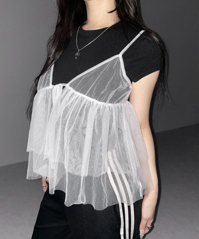 フロントリボンチュールキャミソール ／ front ribbon tulle camisole