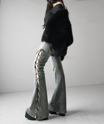 レースアップカットアウトストレッチフレアデニム ／ lace up cutout stretch flare denim