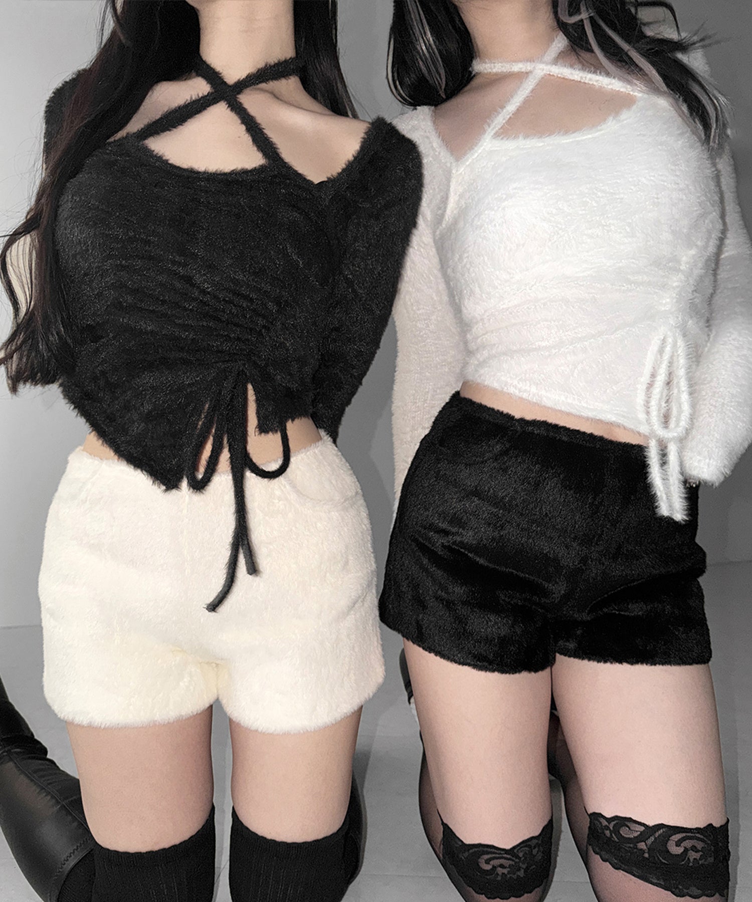 【 ３color 】クロスネックシャーリングリボンシャギートップス ／ cross neck shirring ribbon shaggy tops