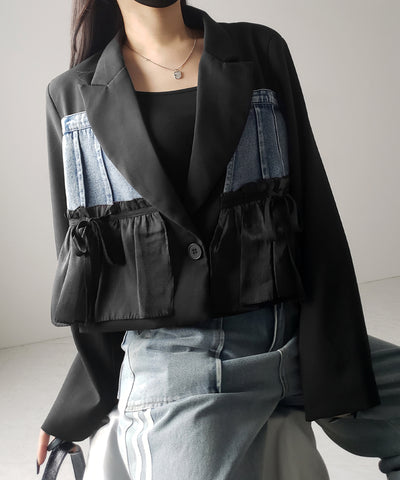 デニムフリルドッキングショートテーラードジャケット ／denim frill docking short tailored jacket