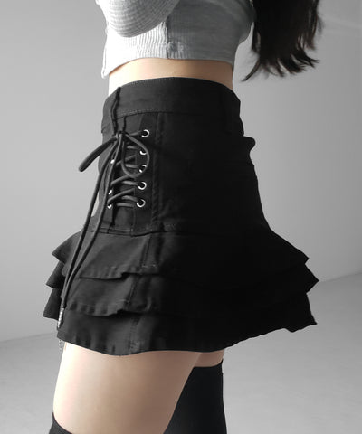【 インパン裏地付 】レースアップブラックフリルミニスカート ／ laceup black frill mini skirt