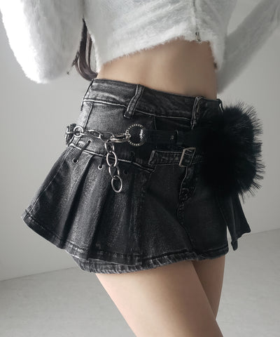 【 インパン裏地付 】ベルテッドマイクロプリーツデニムミニスカパン ／ belted micro pleats denim skirt pants