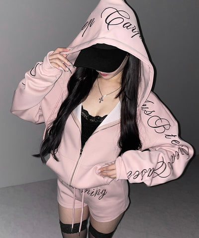 【 セットアップ 】レタリングロゴ刺繍ジップアップパーカー＆ショートパンツ ／ lettering logo embroidery zip-up hoodie ＆ short pants SETUP