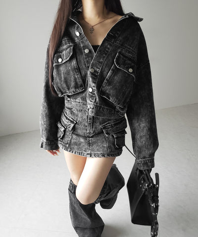 【 デニムセットアップ着用可能 】ヴィンテージケミカルブリーチカーゴデニムミニスカパン ／ vintage chemical bleach cargo denim mini skirt pants
