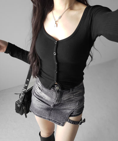 【 インパン裏地付 】カットアウトベルトストラップデニムミニスカパン ／ cutout belt strap denim mini skirt pants